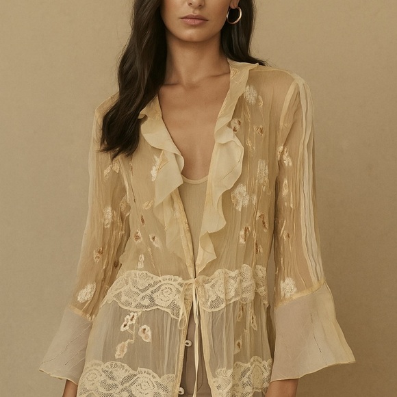 Jaipur Cream Floral Lace Robe - Picture 1 of 6